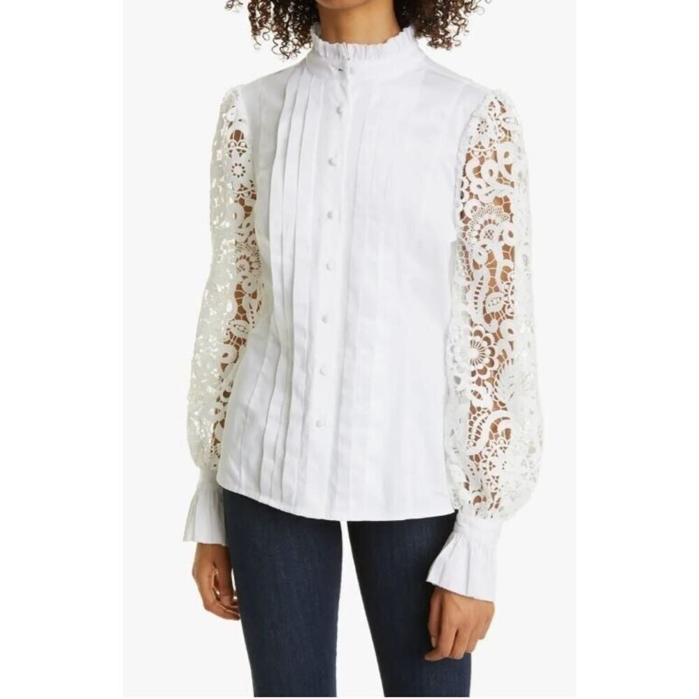 Haute Hippie Tuxedo Blouse White Lace Sleeve Retail $328 NWT Womens Size S